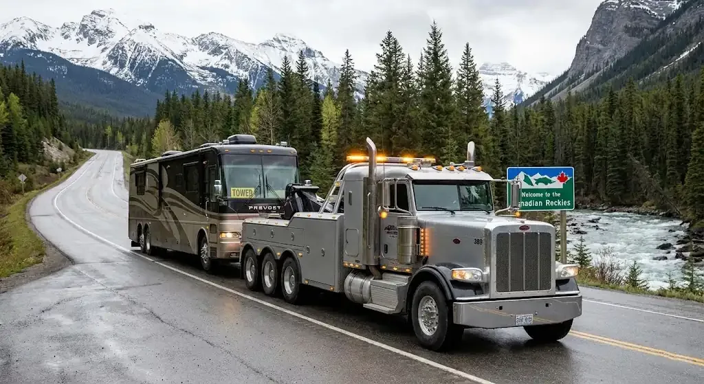 heavy-duty tow truck transporting a large vehicle