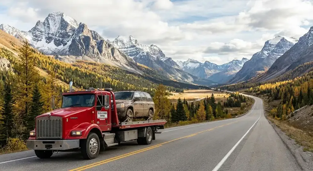 long-distance tow truck on a Mississauga highway corridor
