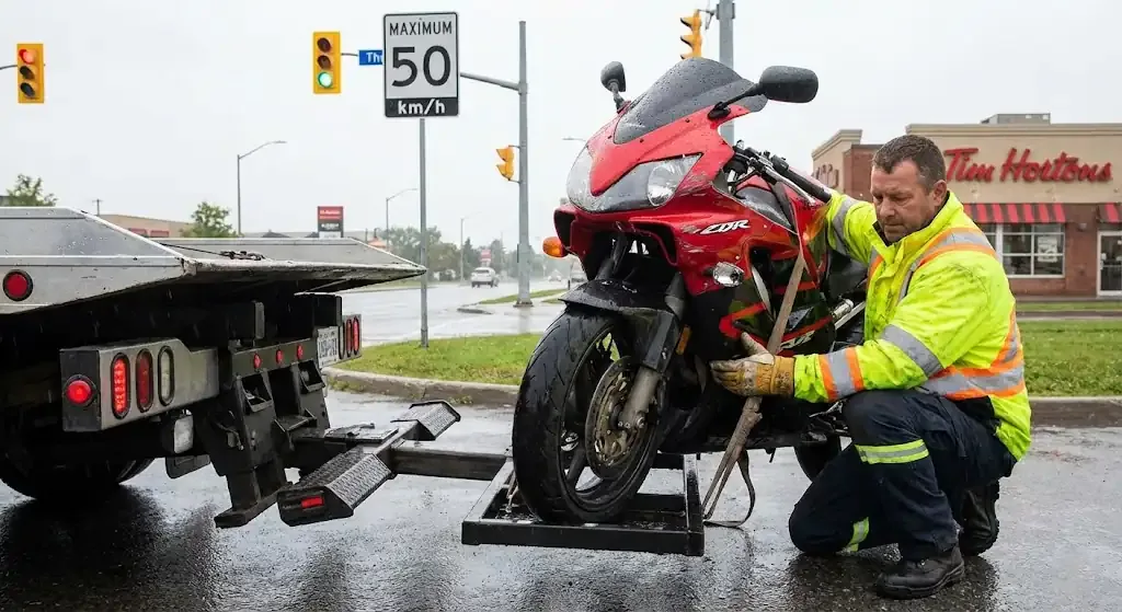 Mississauga motorcycle being safely loaded for transport