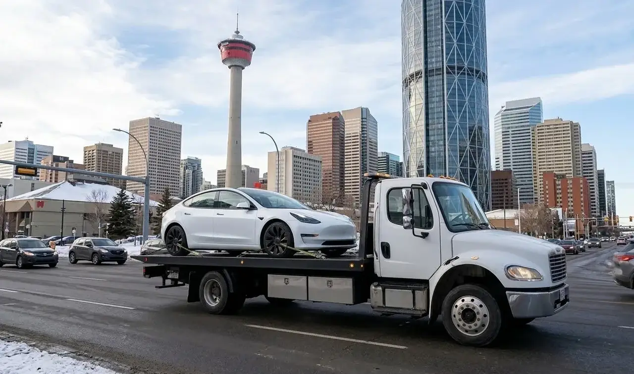 Mississauga electric vehicle on flatbed transport